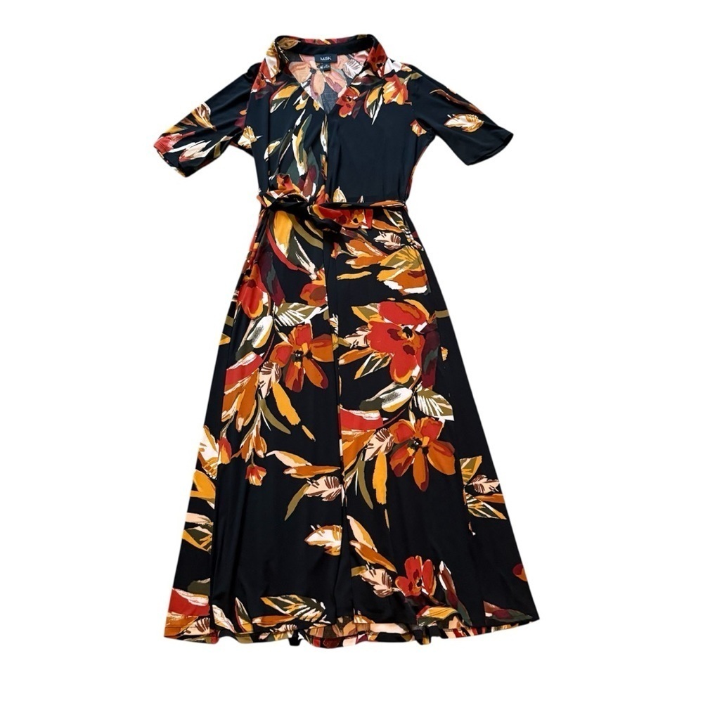MSK Black Floral Belted Collared Midi Shirt Dress Size Medium - Picture 3 of 9